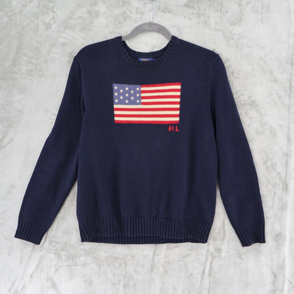 Polo Ralph Lauren American Flag Sweater Mens XL Navy Blue Cotton Crewneck NWD